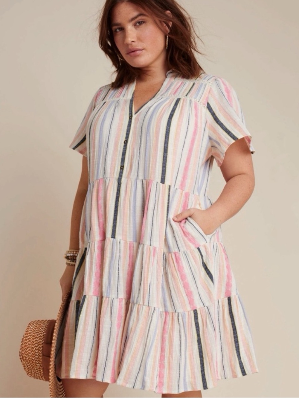 Anthropologie Georgina Tiered Cotton Striped Shirt Dress